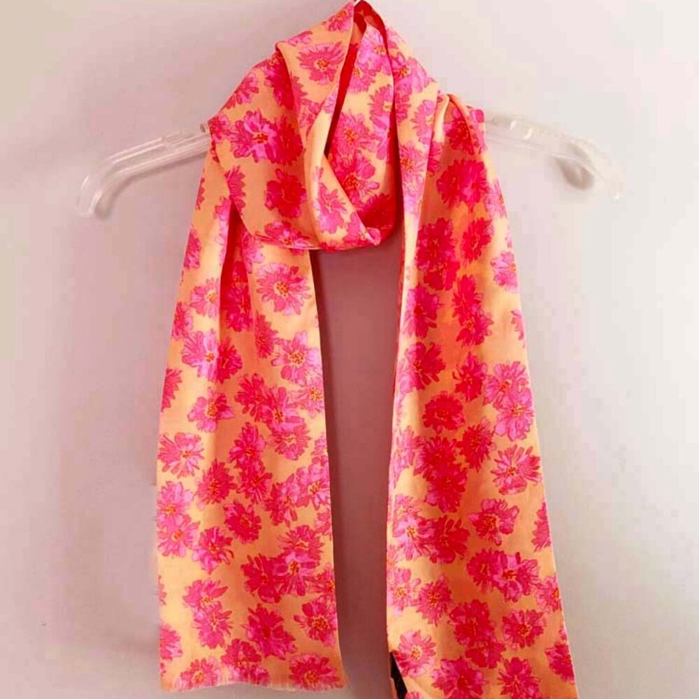 Ann Taylor Floral Silk Scarf in Fuchsia Pink and Light Orange